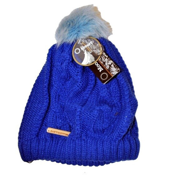 NWT MoonShadow Womens Teen Winter Knit Hat Fur Pom Pom Beanie Blue Free Ship - Picture 1 of 1